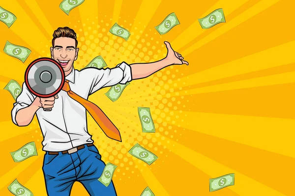 Surprise Shocking Successful Business Man Holding Megaphone Falling Money Pop — Stockvektor