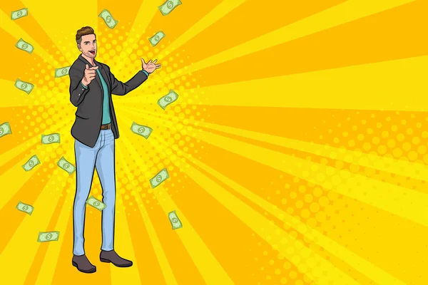 Surprise Business Man Successful Shocking Falling Money Pop Art Retro — ストックベクタ