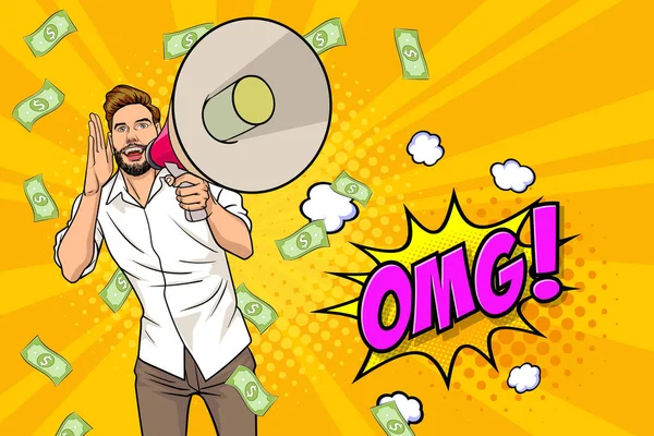 Surprise Shocking Successful Business Man Holding Megaphone Falling Money Pop — Stock vektor