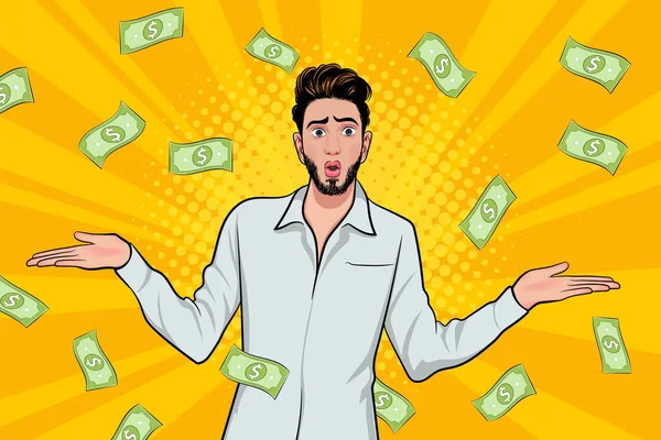 Surprise Business Man Successful Shocking Falling Money Pop Art Retro — Stockvektor