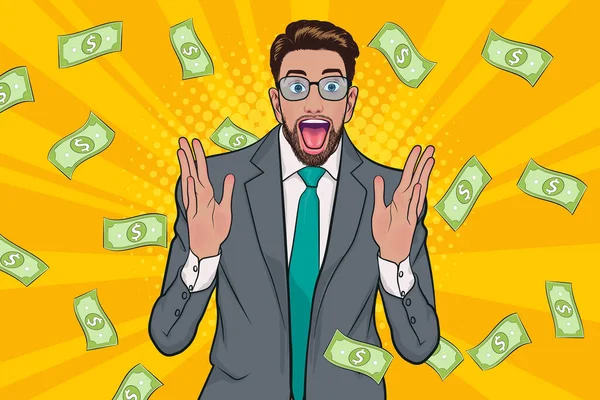 Surprise Business Man Successful Shocking Falling Money Pop Art Retro — Vector de stock
