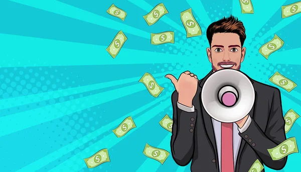 Surprise Shocking Successful Business Man Holding Megaphone Falling Money Pop — Wektor stockowy