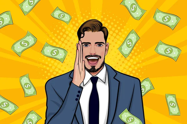 Surprise Business Man Successful Shocking Falling Money Pop Art Retro — Wektor stockowy