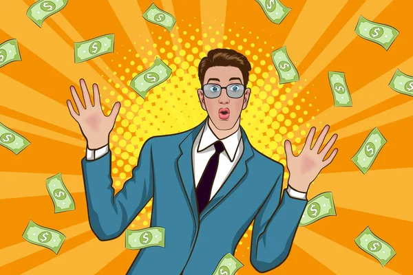 Surprise Business Man Successful Shocking Falling Money Pop Art Retro — Stok Vektör