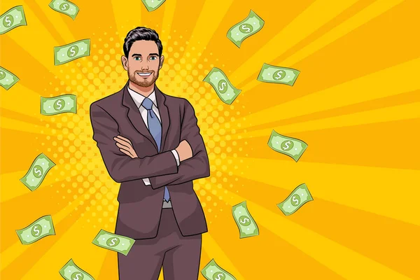 Surprise Business Man Successful Shocking Falling Money Pop Art Retro — Stockový vektor