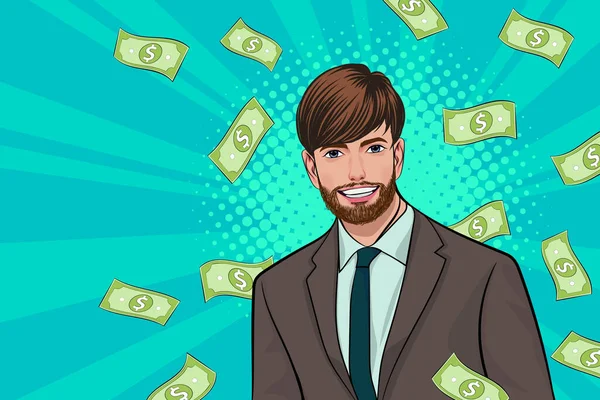 Surprise Business Man Successful Shocking Falling Money Pop Art Retro — Wektor stockowy