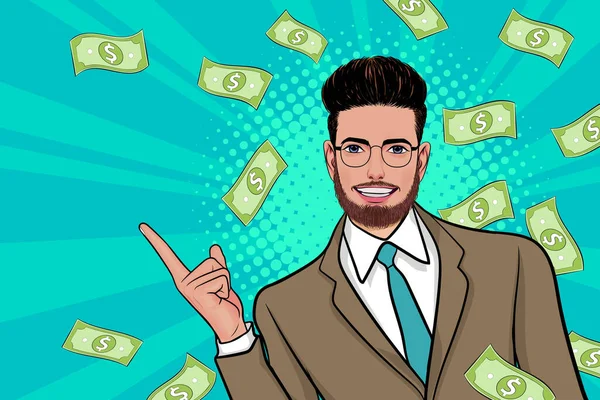 Surprise Business Man Successful Shocking Falling Money Pop Art Retro — Stockový vektor