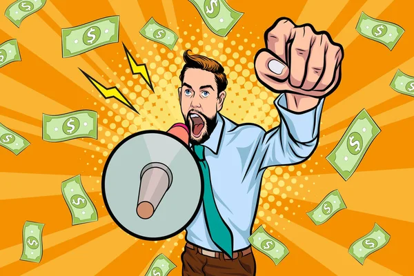 Surprise Shocking Successful Business Man Holding Megaphone Falling Money Pop — Stockový vektor