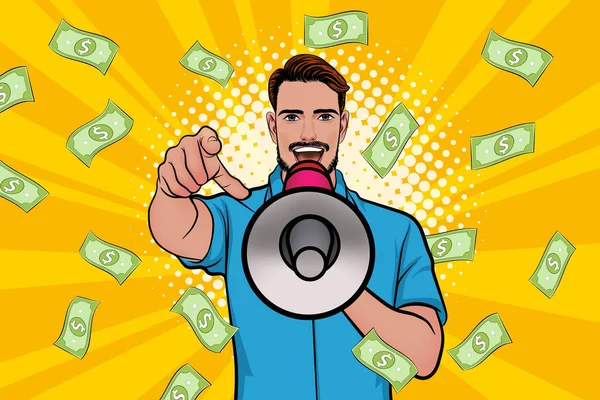 Surprise Shocking Successful Business Man Holding Megaphone Falling Money Pop — Wektor stockowy