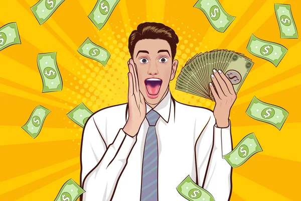 Surprise Business Man Successful Shocking Falling Money Pop Art Retro — Stock Vector