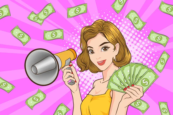 Surprise Shocking Successful Business Woman Holding Megaphone Falling Money Say — 스톡 벡터