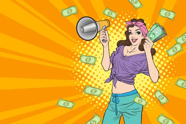 Surprise Shocking Successful Business Woman Holding Megaphone Falling Money Say — 스톡 벡터