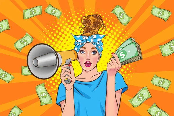 Surprise Shocking Successful Business Woman Holding Megaphone Falling Money Say — Image vectorielle