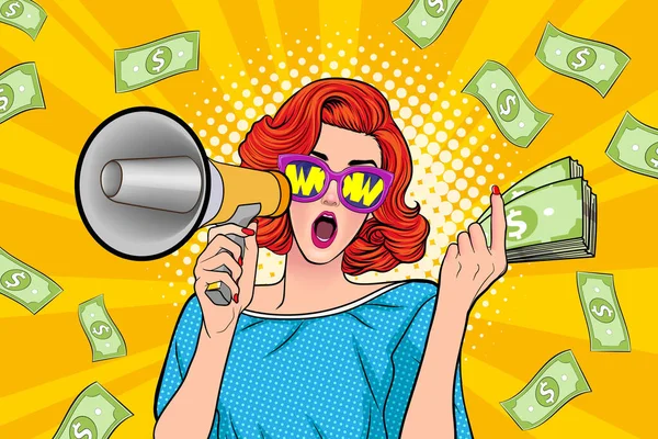 Surprise Shocking Successful Business Woman Holding Megaphone Falling Money Say — Stock vektor