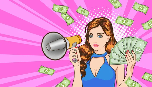 Surprise Shocking Successful Business Woman Holding Megaphone Falling Money Say — 스톡 벡터