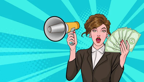 Surprise Shocking Successful Business Woman Holding Megaphone Falling Money Say — Stock Vector