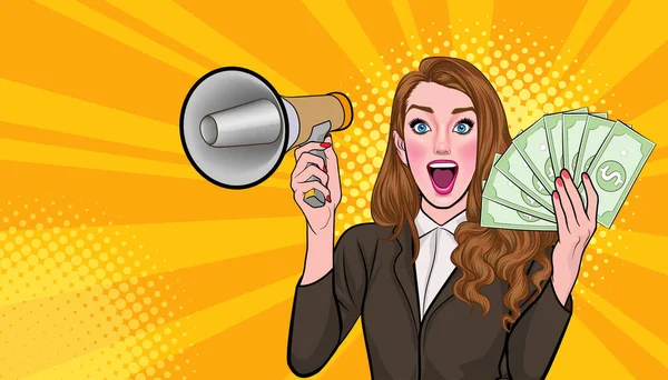 Surprise Shocking Successful Business Woman Holding Megaphone Falling Money Say — Stockvektor