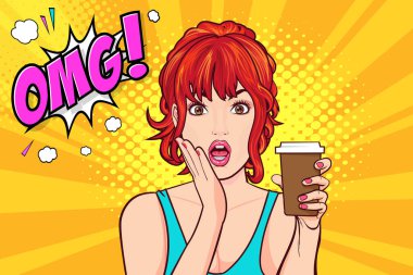 Retro Vintage Pop Art Comic Style 'da Retro marka kahve ya da içecekli güzel bayan için yer açılmış bir içki sergiliyor.