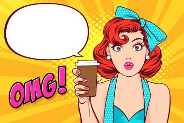 Retro Vintage Pop Art Comic Style 'da Retro marka kahve ya da içecekli güzel bayan için yer açılmış bir içki sergiliyor.