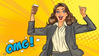 Retro Vintage Pop Art Comic Style 'da Retro marka kahve ya da içecekli güzel bayan için yer açılmış bir içki sergiliyor.