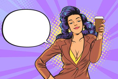 Retro Vintage Pop Art Comic Style 'da Retro marka kahve ya da içecekli güzel bayan için yer açılmış bir içki sergiliyor.