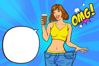 Retro Vintage Pop Art Comic Style 'da Retro marka kahve ya da içecekli güzel bayan için yer açılmış bir içki sergiliyor.