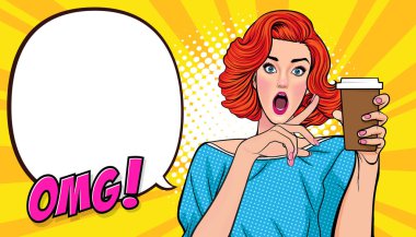 Retro Vintage Pop Art Comic Style 'da Retro marka kahve ya da içecekli güzel bayan için yer açılmış bir içki sergiliyor.
