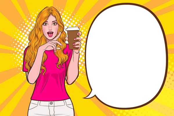 Překvapen Krásná Žena Show Drink Prostorem Pro Váš Text Retro — Stockový vektor