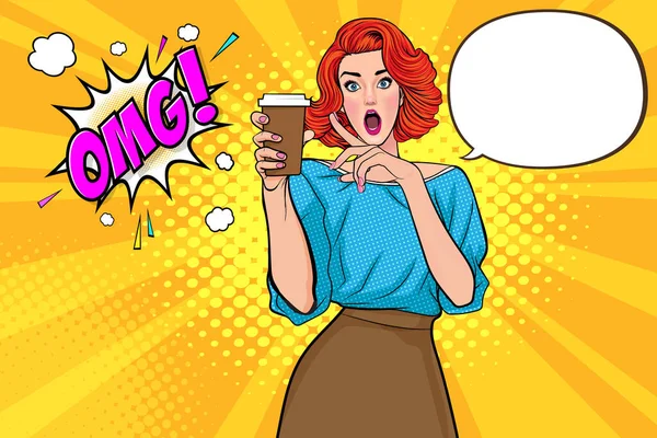 Retro Vintage Pop Art Comic Style 'da Retro marka kahve ya da içecekli güzel bayan için yer açılmış bir içki sergiliyor.