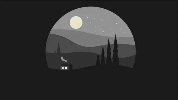 Gloomy Night Landscape Lonely Village House Vector Illustration — Stock Vector