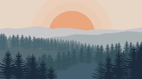 Güneş Ormanın Üzerinde Batıyor Orman Dağlarla Manzara Gün Doğumu Günbatımı — Stok Vektör