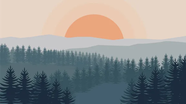 Soleil Couche Sur Forêt Paysage Avec Forêt Montagnes Lever Coucher — Image vectorielle