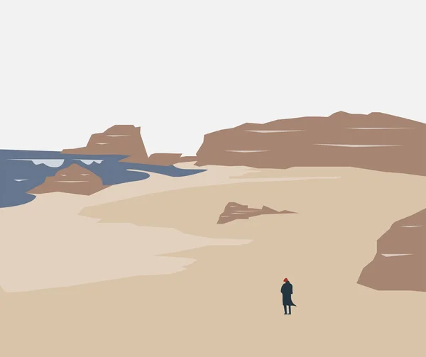 Man Deserted Sandy Beach Rocks Vector Illustration Landscape — Stok Vektör