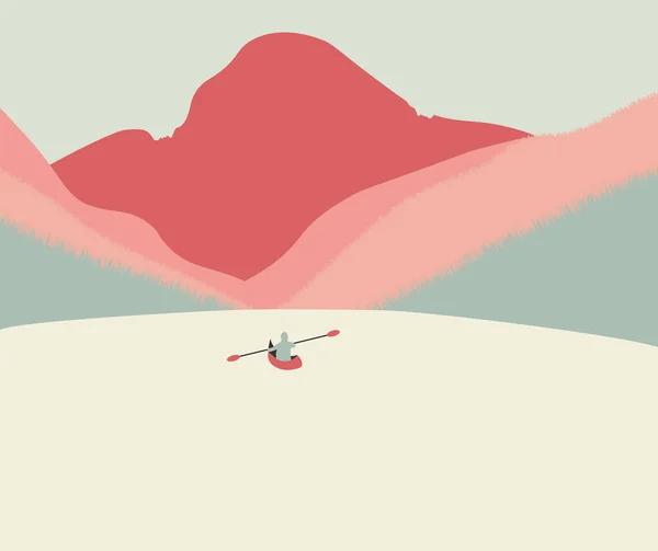 Kanodaki Bir Adam Kırmızı Kayalara Doğru Yüzüyor Pembe Kırmızı Renklerde — Stok Vektör