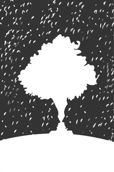 Tváře Tvoří Strom Černobílá Vektorová Ilustrace Dvojitý Obrázek — Stockový vektor