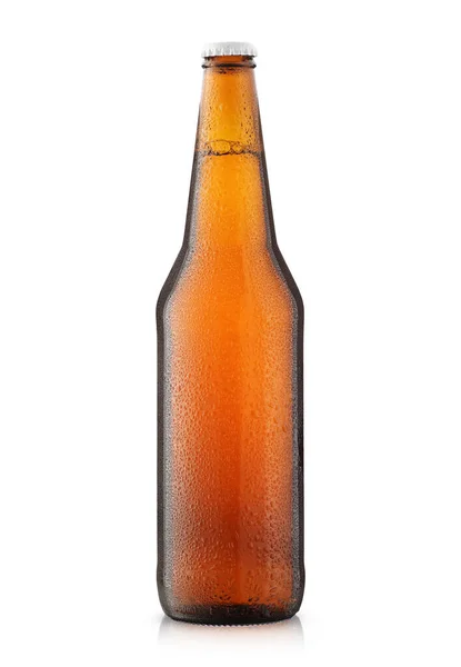 大玻璃瓶 白色底座上有啤酒 — 图库照片