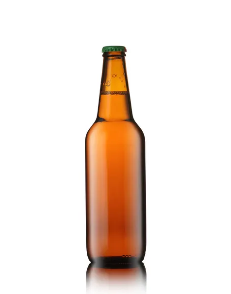 Full Brown Bottle Beer White Background Mirror Image — Stock Photo, Image