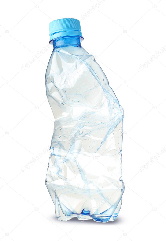 small crushed plastic bottle on white background