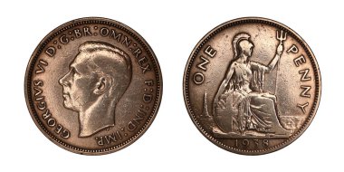 Büyük Britanya 1 peni 1938 beyaz arka planda
