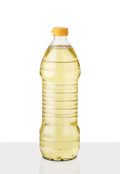 Botol Plastik Medium Dengan Minyak Biji Rami Latar Belakang Putih — Stok Foto