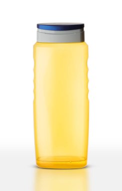 Beyaz arka planda sarı plastik şampuan şişesi