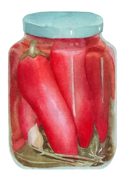 Pimientos en escabeche en un frasco de vidrio, chile marinado con ajo, hojas de uva y canela, ilustración de acuarela, aislado — Foto de Stock