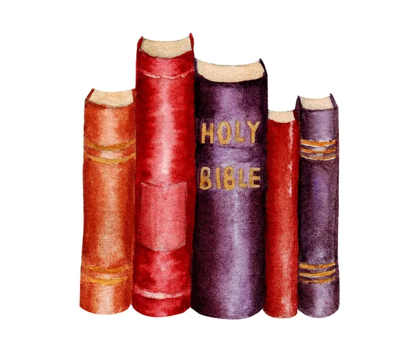 Кольорові стоячі старі книги, Біблія. Акварель намальована рука ілюстрація, ізольована на білому тлі . — стокове фото