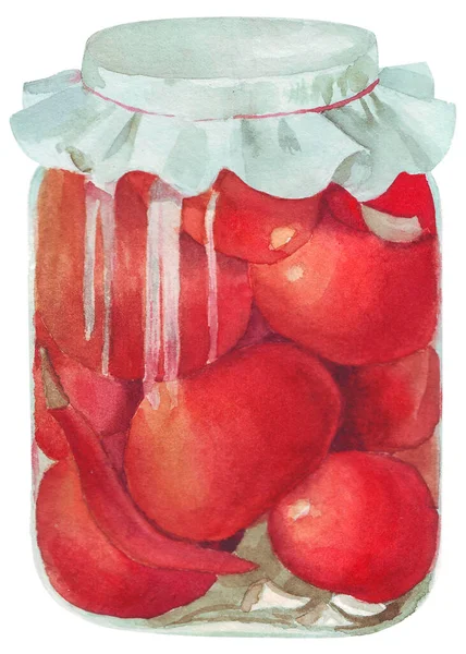 Tomates marinées dans un bocal mariné au piment, feuilles de raisin et cannelle, illustration aquarelle, isolées — Photo