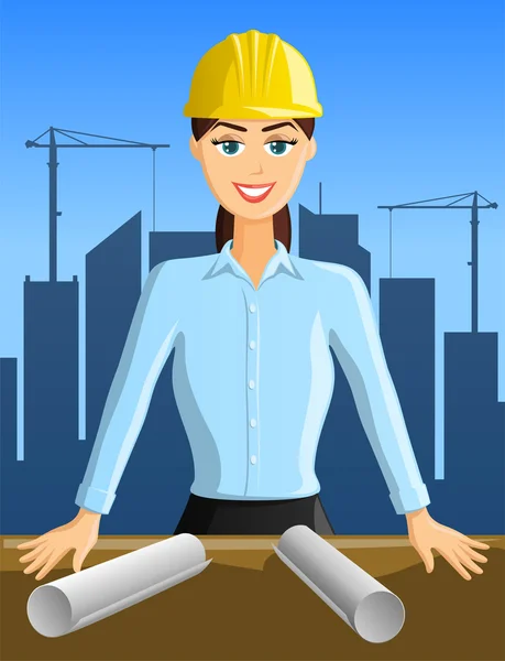 Young woman engineer with building activity in background — Stockvector