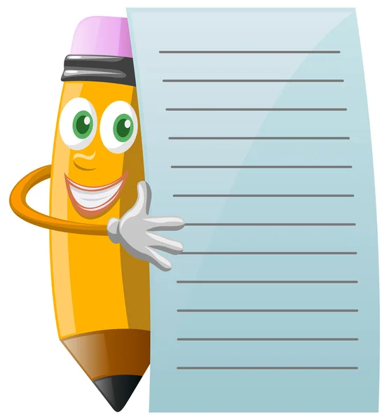 Pencil Character with note paper — Stock Vector