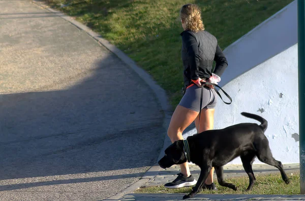 Şortlu, köpekli bir kadın.