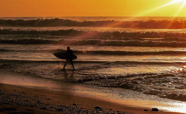 日落时 冲浪手从水里出来 — 图库照片