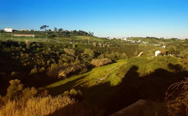 Paisagem Rural Com Colinas Nascer Sol Com Céu Limpo — Fotografia de Stock