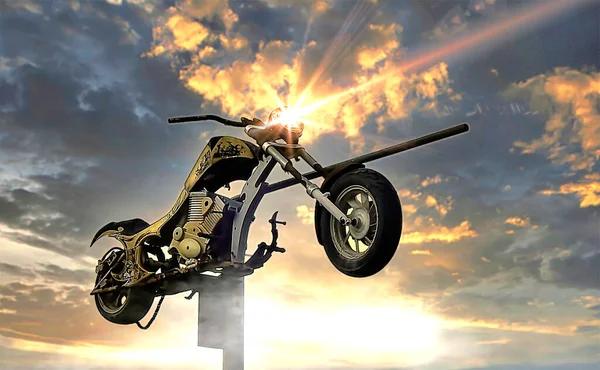 一辆锈迹斑斑的摩托车 夕阳西下的天空 暴露在一根杆子上 — 图库照片